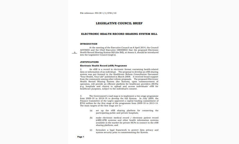 Legislative Council Brief - Electronic Health Record Sharing System Bill (Thumbnail)