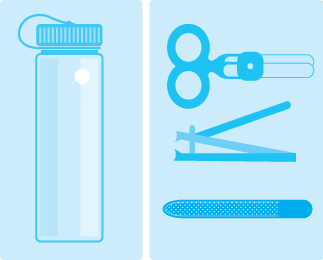 Left - plastic water bottle; Right - manicure set